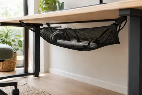 Filet noir sous un bureau en bois clair, avec multiprise et câbles rangés et accessibles.
