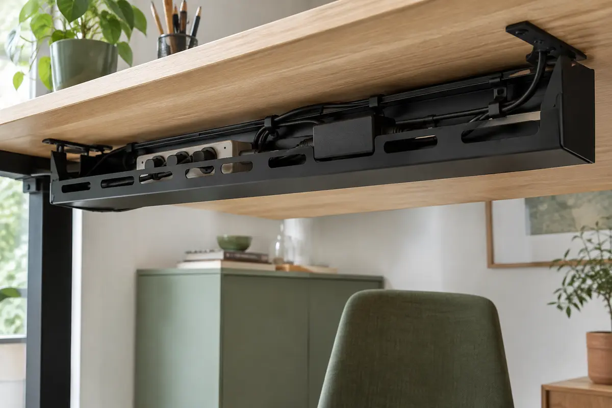 Goulotte en acier noir sous un bureau en bois clair, avec multiprise et câbles rangés.