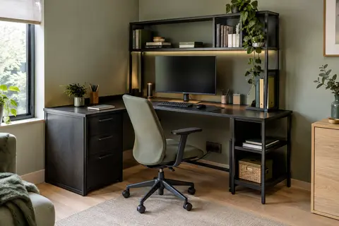 Bureau d’angle noir boisé avec trois tiroirs, étagères, support d’écran et éclairage LED