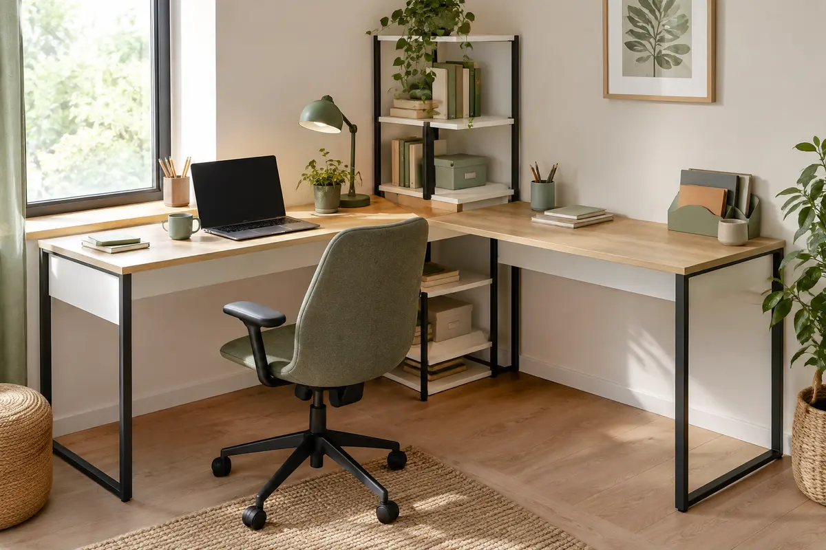 Bureau d’angle en L avec plateau effet chêne, éléments blancs et étagère centrale dans un espace de télétravail
