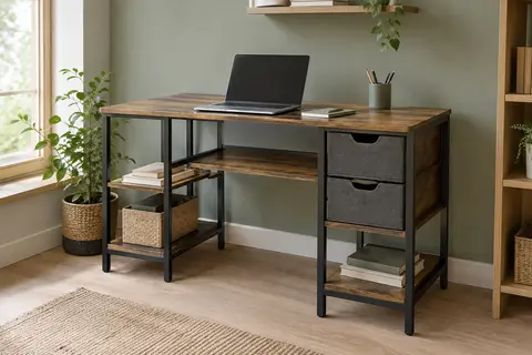 Bureau droit marron rustique et noir mat avec deux tiroirs en tissu et des étagères intégrées.