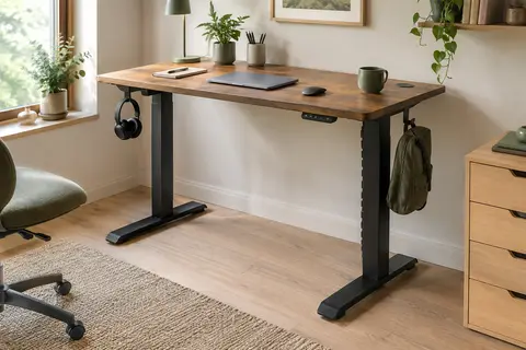 Bureau électrique assis-debout compact, plateau brun effet bois, structure noire et accessoires organisés.