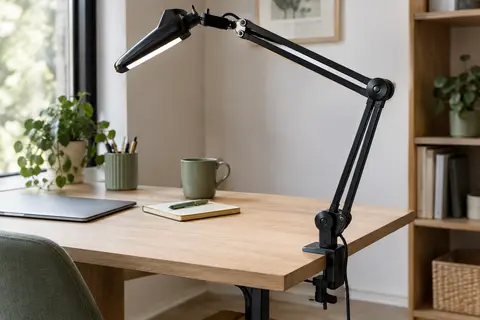 Lampe de bureau LED noire à pince fixée à un bureau en bois clair, avec bras articulé orientable