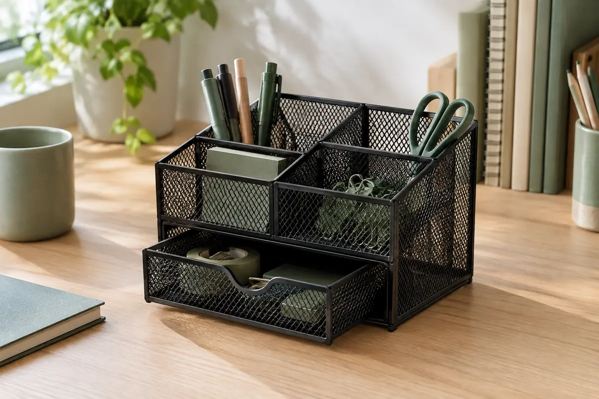 Organiseur Vinabo en filet métallique avec quatre compartiments et tiroir posé sur un bureau en bois clair.
