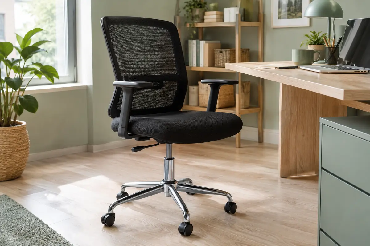 Chaise de bureau noire en maille, avec assise réglable, piètement chromé et cinq roulettes, près d’un bureau en bois clair.