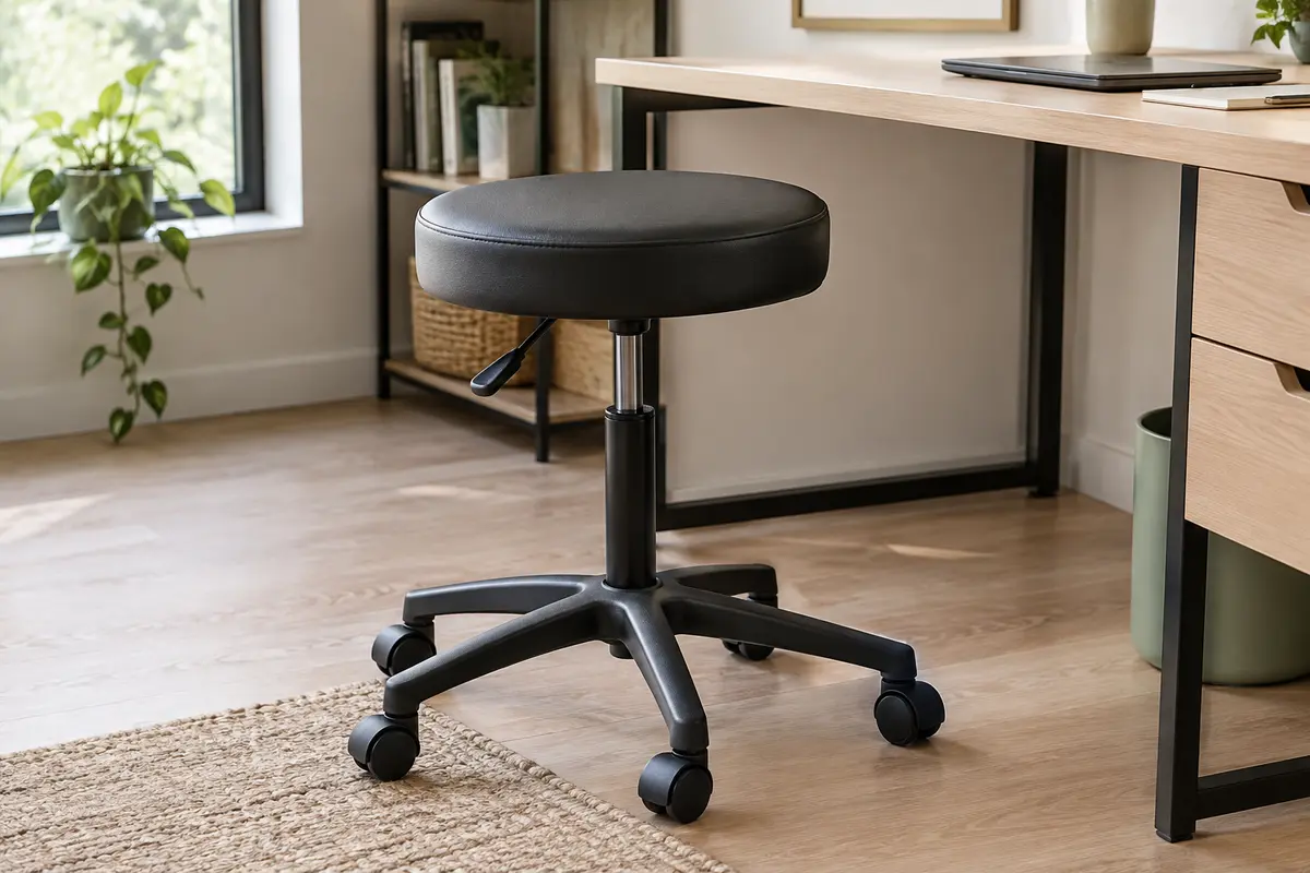 Tabouret de bureau rond noir à roulettes, avec assise rembourrée et hauteur réglable, près d’un bureau en bois clair.