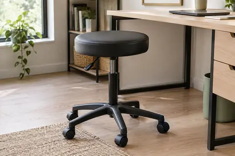 Tabouret de bureau rond noir à roulettes, avec assise rembourrée et hauteur réglable, près d’un bureau en bois clair.