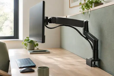 Support d’écran noir fixé par pince à une paroi de cabine, au-dessus d’un bureau en bois clair.