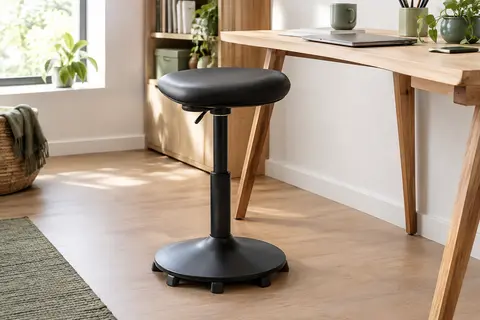 Tabouret assis-debout noir en polyuréthane près d’un bureau en bois clair, base métallique visible