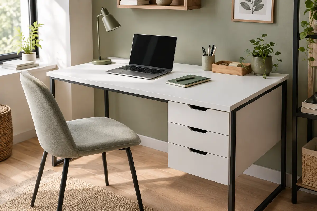 Bureau droit blanc Woltu avec trois tiroirs et plateau rectangulaire dans un coin de télétravail
