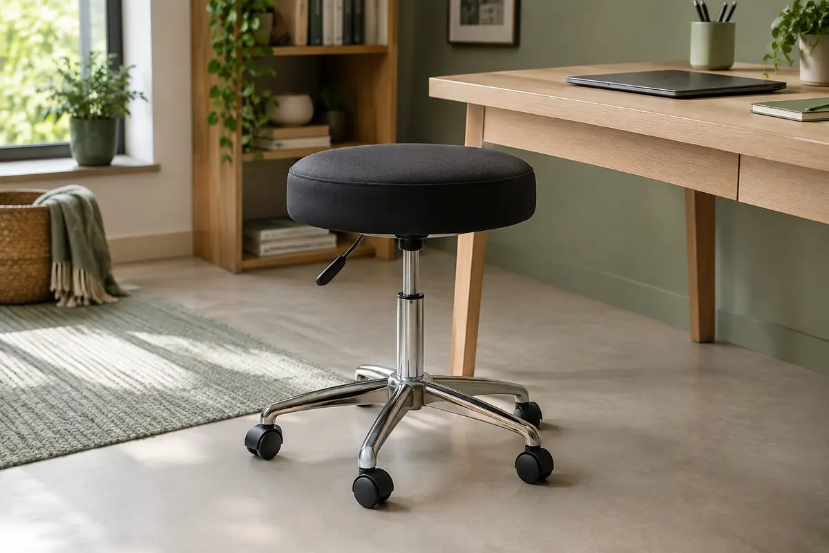 Tabouret de bureau noir avec assise rembourrée, tige chromée et base à roulettes près d’un bureau en bois clair