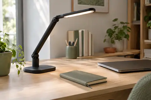 Lampe de bureau LED noire pliable posée sur un bureau en bois clair, tête orientée vers le plan de travail