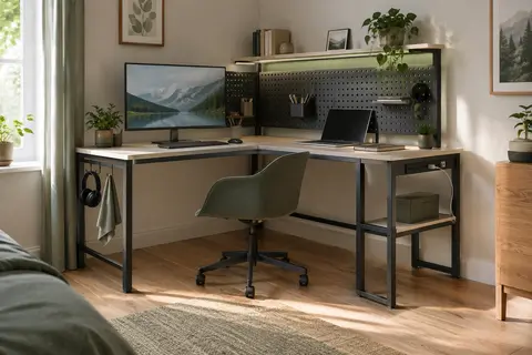 Bureau d’angle bois blanc avec panneau perforé, étagère, prises intégrées et éclairage LED RGB