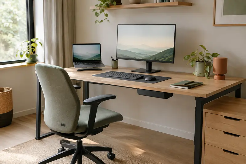 Espace de travail à domicile où mobilier et accessoires sont disposés de façon fonctionnelle.