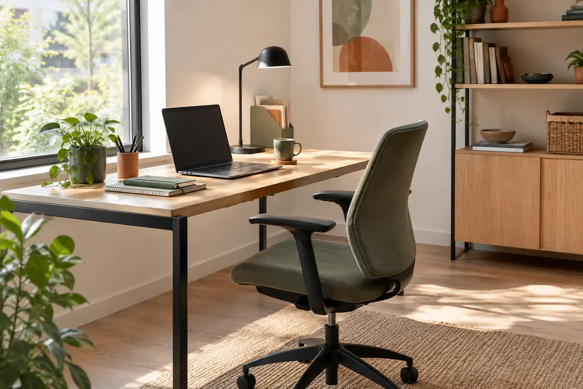 Poste de télétravail aménagé avec un bureau, une assise et des accessoires d’organisation.
